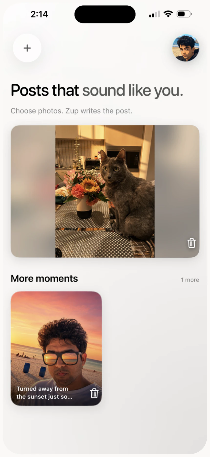 Zup Home showing a photo ready to turn into a post